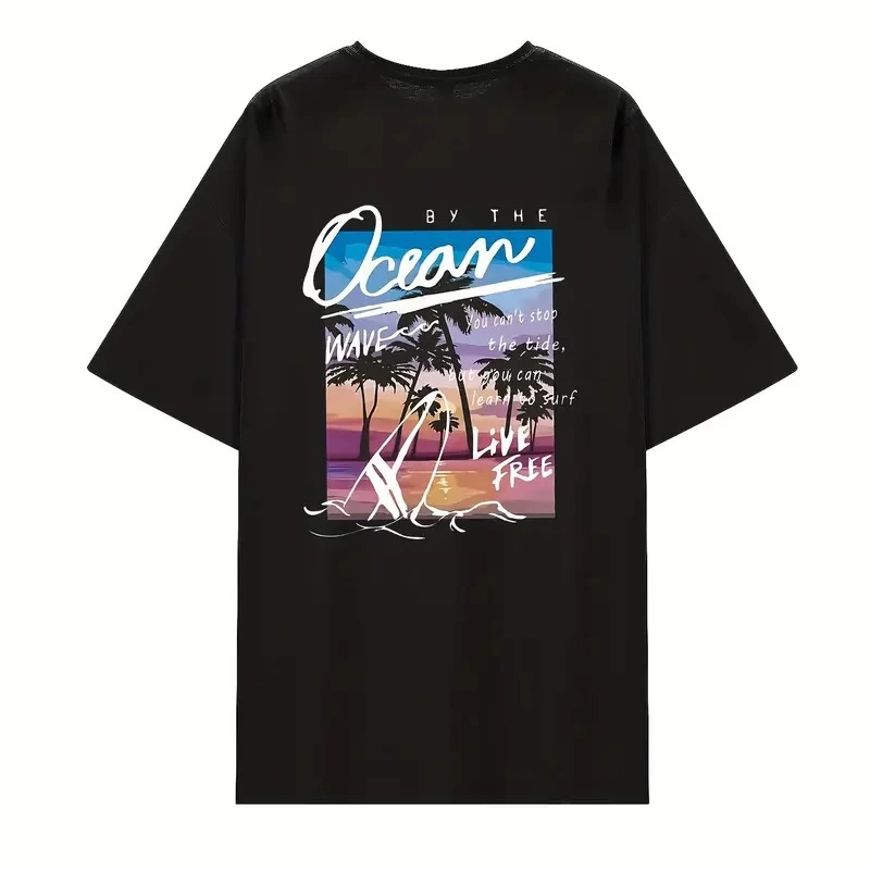 Kısa Kollu, Bol Kesim, Manzaralı Okyanus Baskı, Siyah -