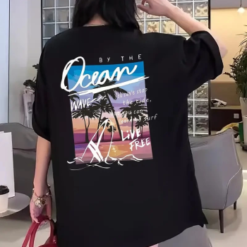 Kısa Kollu, Bol Kesim, Manzaralı Okyanus Baskı, Siyah -