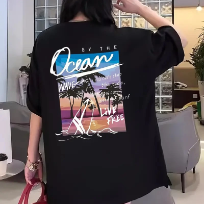 Kısa Kollu, Bol Kesim, Manzaralı Okyanus Baskı, Siyah -