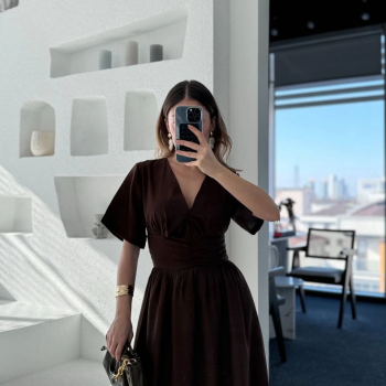 Kısa Kollu Uzun Elbise - Kahve -