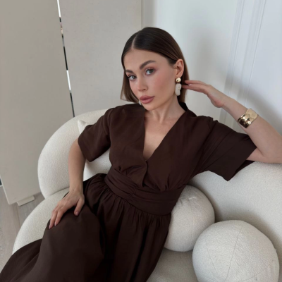 Kısa Kollu Uzun Elbise - Kahve -