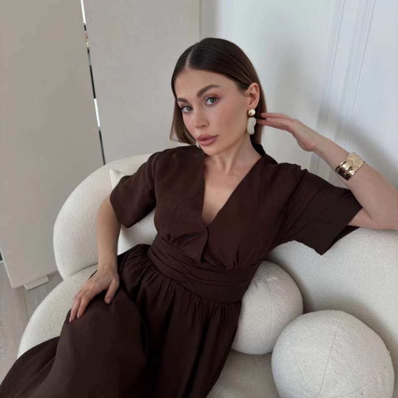 Kısa Kollu Uzun Elbise - Kahve -