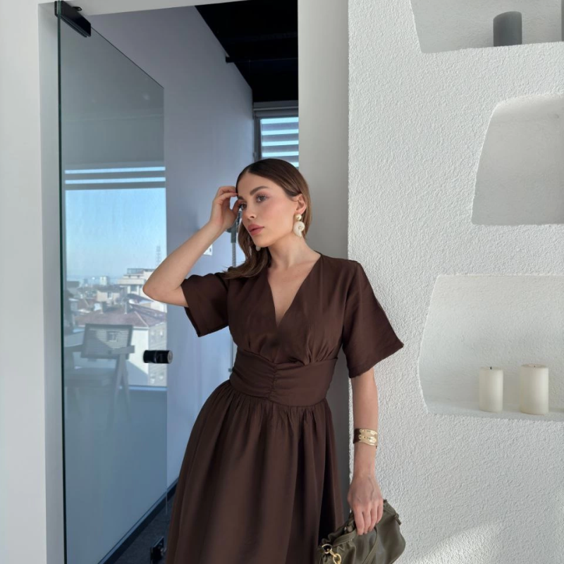 Kısa Kollu Uzun Elbise - Kahve -