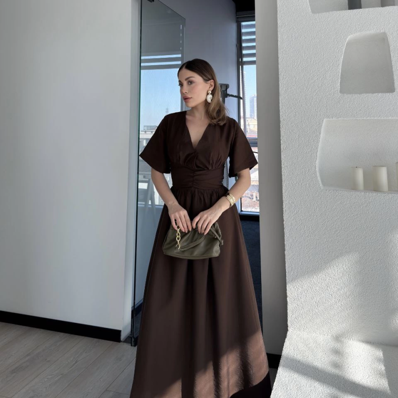 Kısa Kollu Uzun Elbise - Kahve -