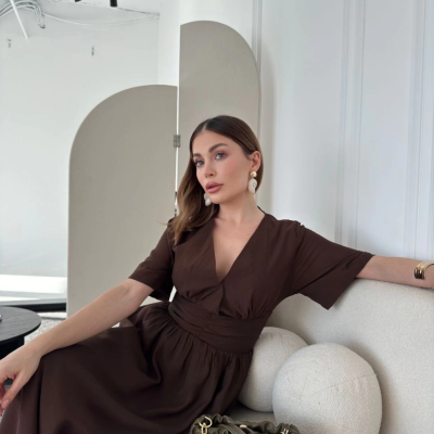 Kısa Kollu Uzun Elbise - Kahve -