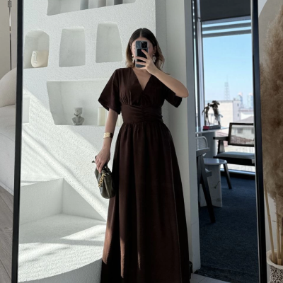 Kısa Kollu Uzun Elbise - Kahve -