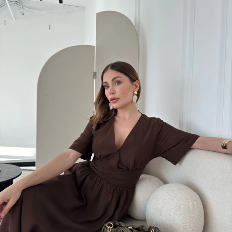 Kısa Kollu Uzun Elbise - Kahve -