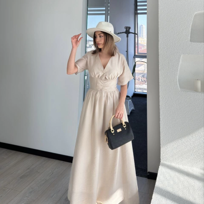 Kısa Kollu Uzun Elbise - Kırık Beyaz -