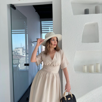 Kısa Kollu Uzun Elbise - Kırık Beyaz -