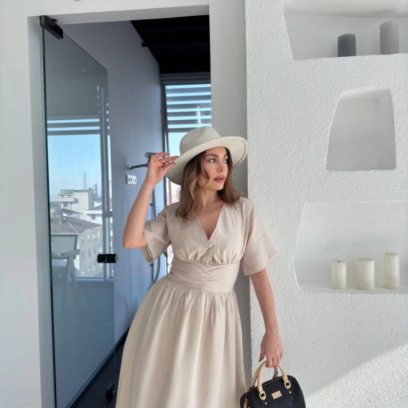 Kısa Kollu Uzun Elbise - Kırık Beyaz -