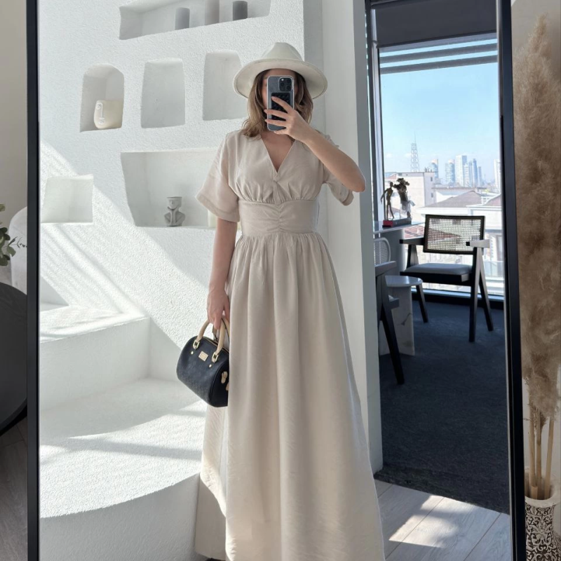 Kısa Kollu Uzun Elbise - Kırık Beyaz -