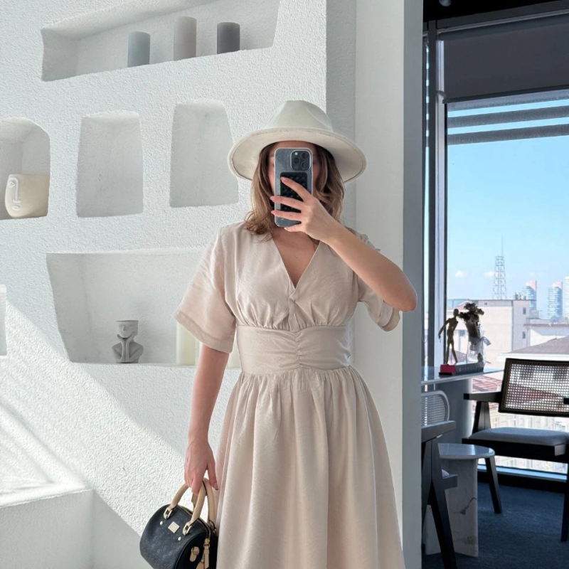 Kısa Kollu Uzun Elbise - Kırık Beyaz -