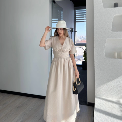 Kısa Kollu Uzun Elbise - Kırık Beyaz -