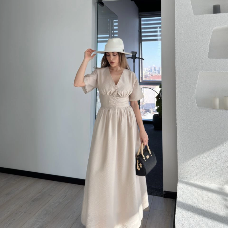 Kısa Kollu Uzun Elbise - Kırık Beyaz -