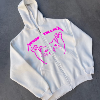 Kışlık Baskılı Fermuarlı Kapüşonlu Hırka - Beyaz