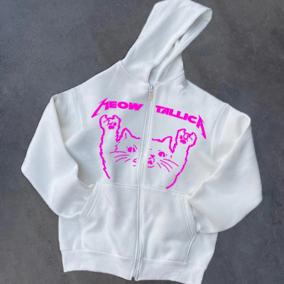 Kışlık Baskılı Fermuarlı Kapüşonlu Hırka - Beyaz