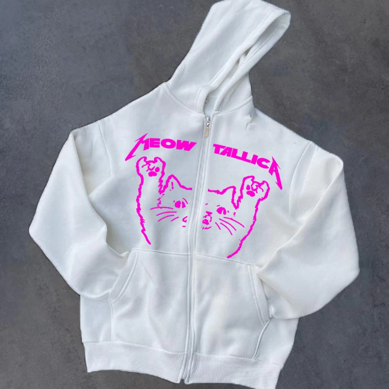 Kışlık Baskılı Fermuarlı Kapüşonlu Hırka - Beyaz