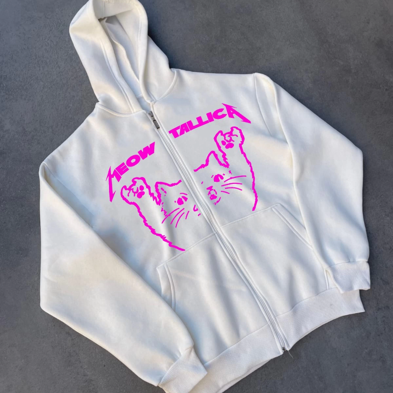 Kışlık Baskılı Fermuarlı Kapüşonlu Hırka - Beyaz