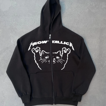 Kışlık Baskılı Fermuarlı Kapüşonlu Hırka - Siyah