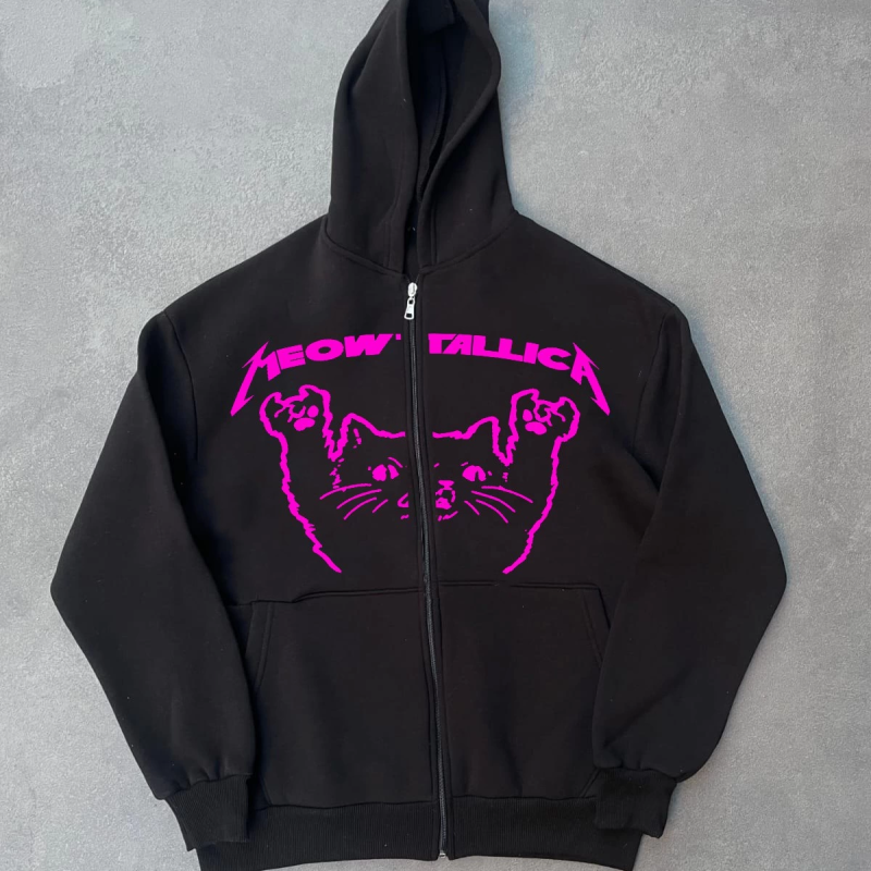 Kışlık Baskılı Fermuarlı Kapüşonlu Hırka - Siyah