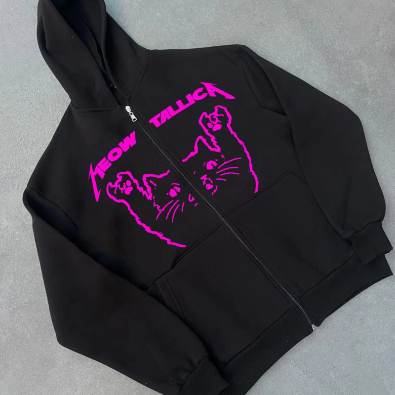 Kışlık Baskılı Fermuarlı Kapüşonlu Hırka - Siyah