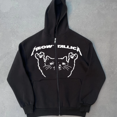 Kışlık Baskılı Fermuarlı Kapüşonlu Hırka - Siyah