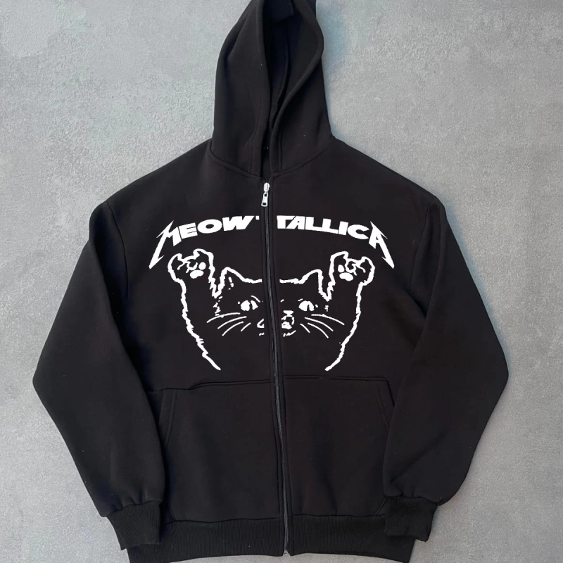 Kışlık Baskılı Fermuarlı Kapüşonlu Hırka - Siyah