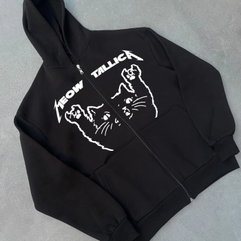 Kışlık Baskılı Fermuarlı Kapüşonlu Hırka - Siyah