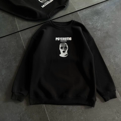 Kışlık Bisiklet Yaka Baskılı SweatShirt - Siyah