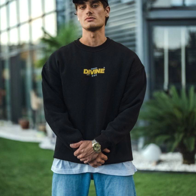 Kışlık Bisiklet Yaka Baskılı SweatShirt - Siyah -