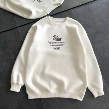 Kışlık Bisiklet Yaka Ön Ve Arka Baskılı SweatShirt - Beyaz -
