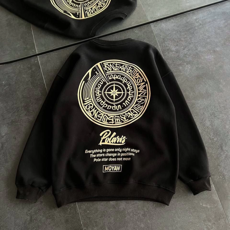 Kışlık Bisiklet Yaka Ön Ve Arka Baskılı SweatShirt - Siyah -