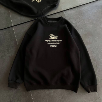 Kışlık Bisiklet Yaka Ön Ve Arka Baskılı SweatShirt - Siyah -