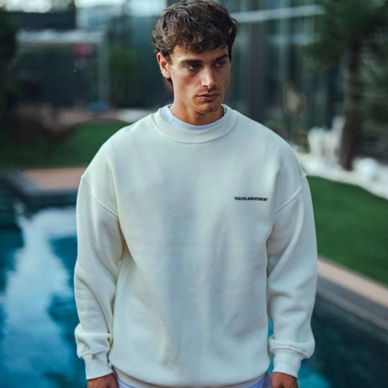 Kışlık Bisiklet Yaka Oversize Baskılı SweatShirt - Beyaz -