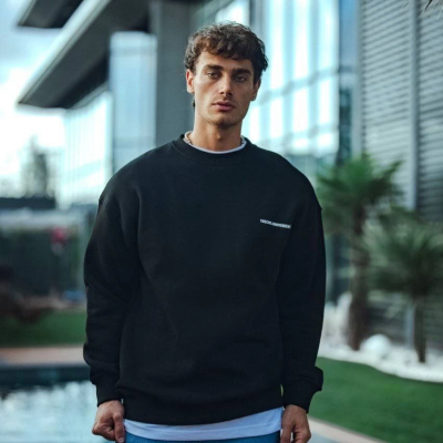 Kışlık Bisiklet Yaka Oversize Baskılı SweatShirt - Siyah -