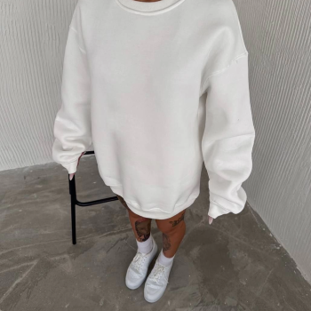 Kışlık Bisiklet Yaka Üç İplik Basic SweatShirt - Beyaz -
