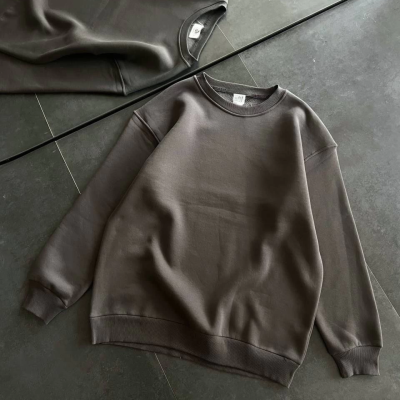 Kışlık Bisiklet Yaka Üç İplik Basic SweatShirt - Füme -