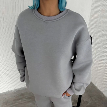 Kışlık Bisiklet Yaka Üç İplik Basic SweatShirt - Gri -