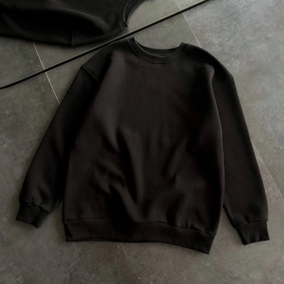 Kışlık Bisiklet Yaka Üç İplik Basic SweatShirt - Siyah -