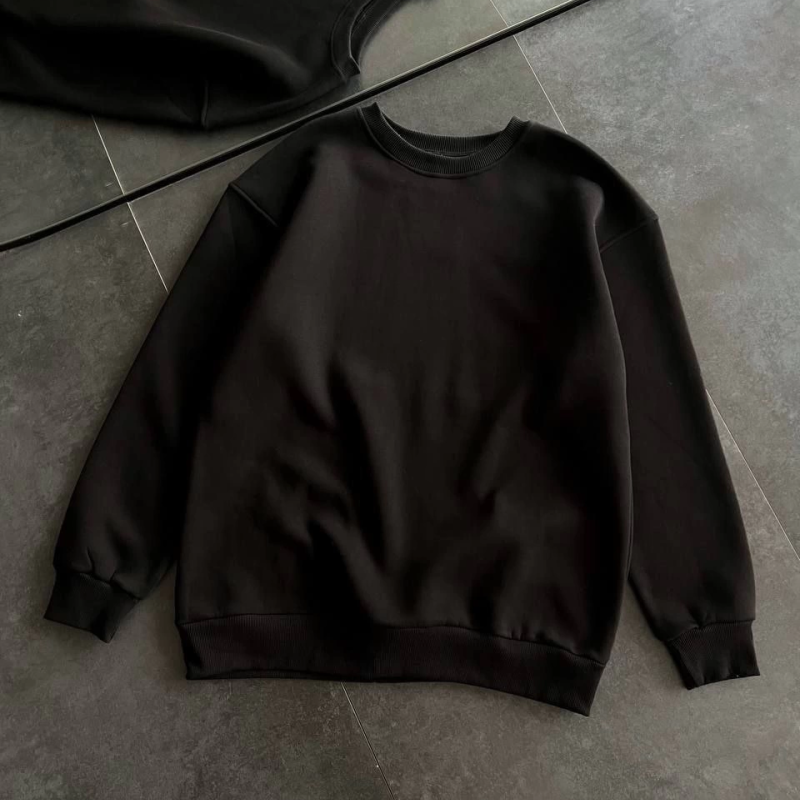 Kışlık Bisiklet Yaka Üç İplik Basic SweatShirt - Siyah -