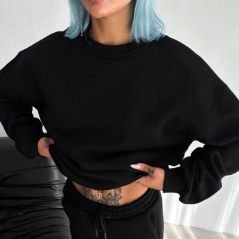 Kışlık Bisiklet Yaka Üç İplik Basic SweatShirt - Siyah -