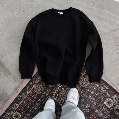 Kışlık Bisiklet Yaka Üç İplik Basic SweatShirt - Siyah -
