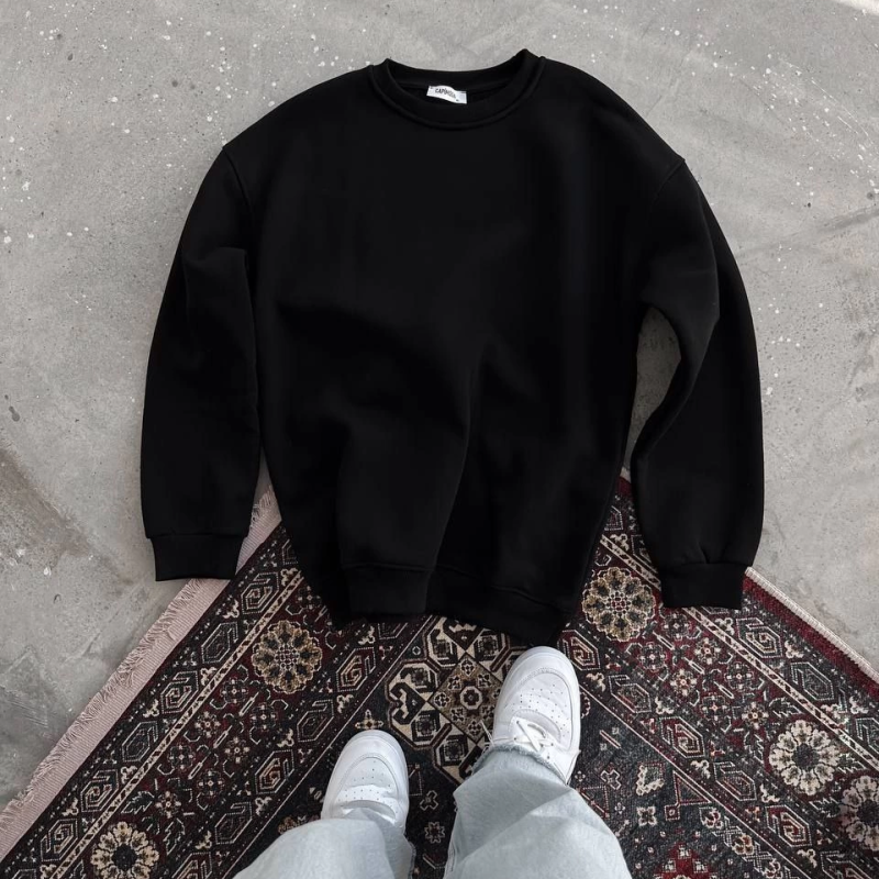 Kışlık Bisiklet Yaka Üç İplik Basic SweatShirt - Siyah -