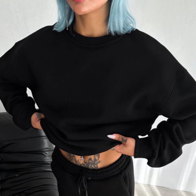 Kışlık Bisiklet Yaka Üç İplik Basic SweatShirt - Siyah -