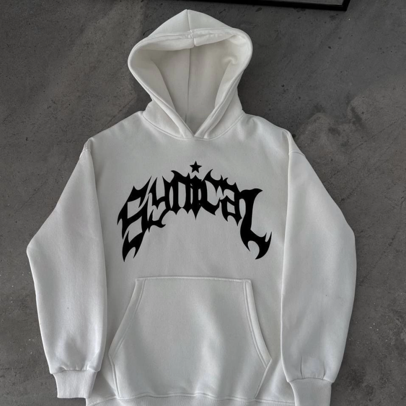 Kışlık Kapüşonlu Baskılı Oversize SweatShirt- Beyaz -