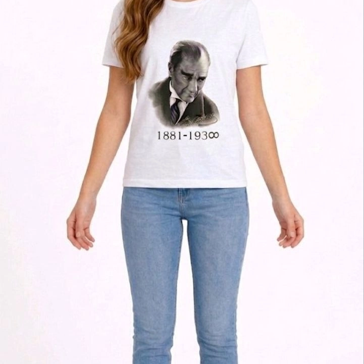 Kız Çocuk Atatürk Baskılı Tişört Kısa Kollu Bisiklet Yaka T-Shirt - Beyaz