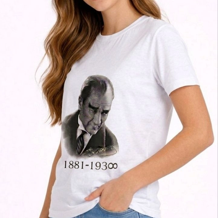 Kız Çocuk Atatürk Baskılı Tişört Kısa Kollu Bisiklet Yaka T-Shirt - Beyaz