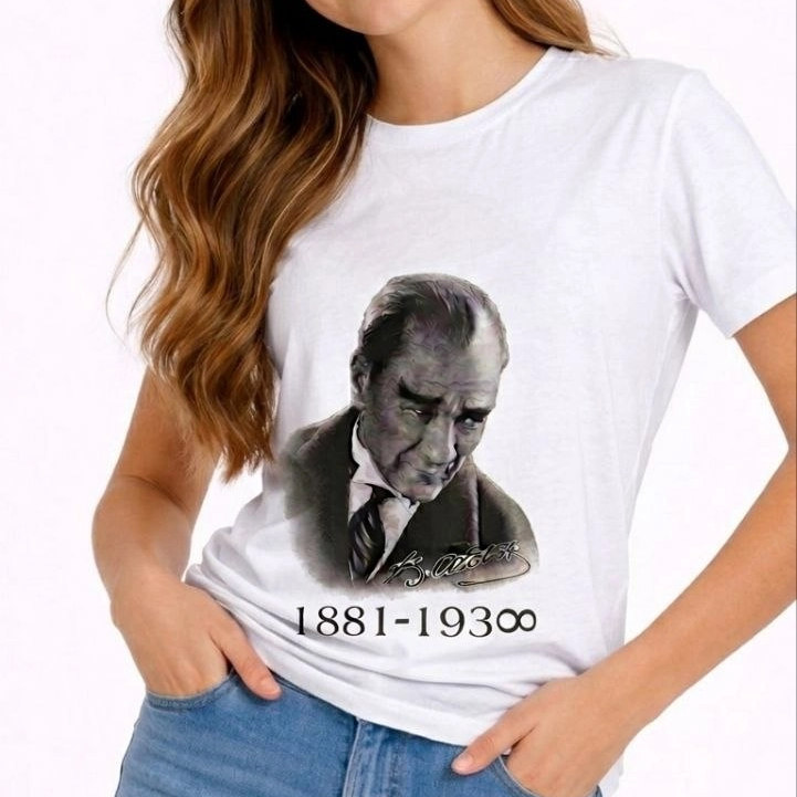 Kız Çocuk Atatürk Baskılı Tişört Kısa Kollu Bisiklet Yaka T-Shirt - Beyaz