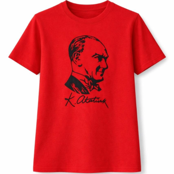 Kız Çocuk Atatürk Baskılı Tişört Kısa Kollu Bisiklet Yaka T-Shirt - Kırmızı