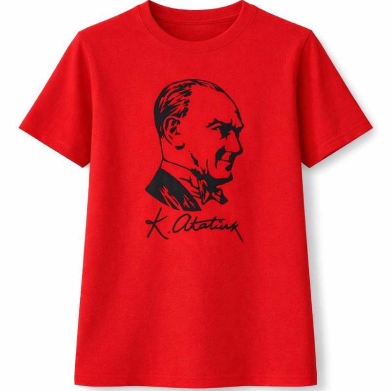 Kız Çocuk Atatürk Baskılı Tişört Kısa Kollu Bisiklet Yaka T-Shirt - Kırmızı